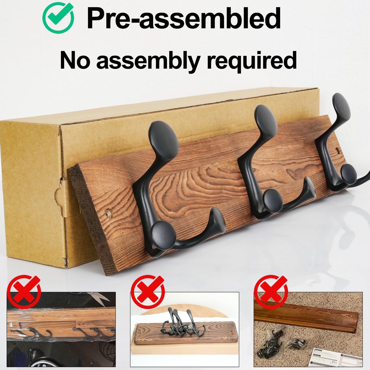 HONSKY Wall Mounted Coat Rack, 43cm Brown Pine Wood Base, 3 Black Sturdy Aluminium Alloy Triple Hooks (9 Hanging Points)