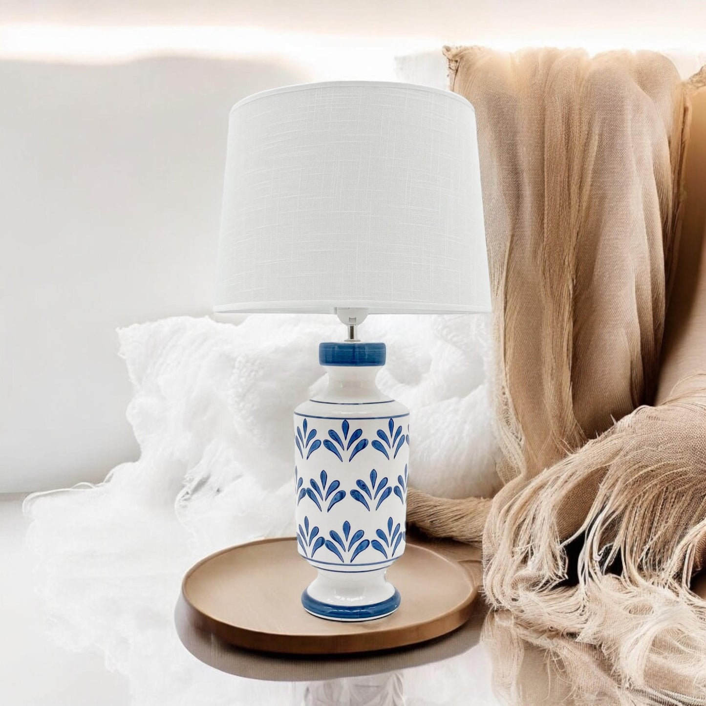Elegant and Traditional Floral Ceramic Table Lamp – Oriental-Inspired Design with Drum Shade, Energy-Efficient 240V Lighting for Bedrooms, Living Rooms, Studies, or Dining Areas Décor (58cm)