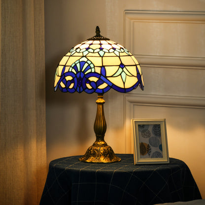 HOMCOM Tiffany Stained Glass Table Lamp, Handmade Antique Bedside Lamp for Bedroom, Living room, Home, Nightstand, Decorative Night Light, Blue