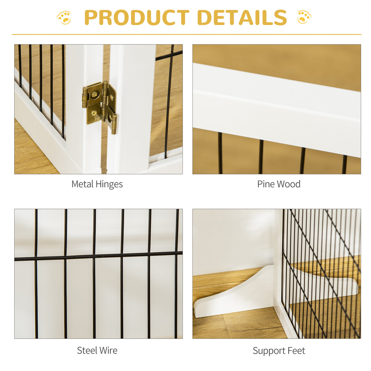 PawHut Wooden Pet Gate, Freestanding Dog Safety Barrier with 2 Support Feet, White