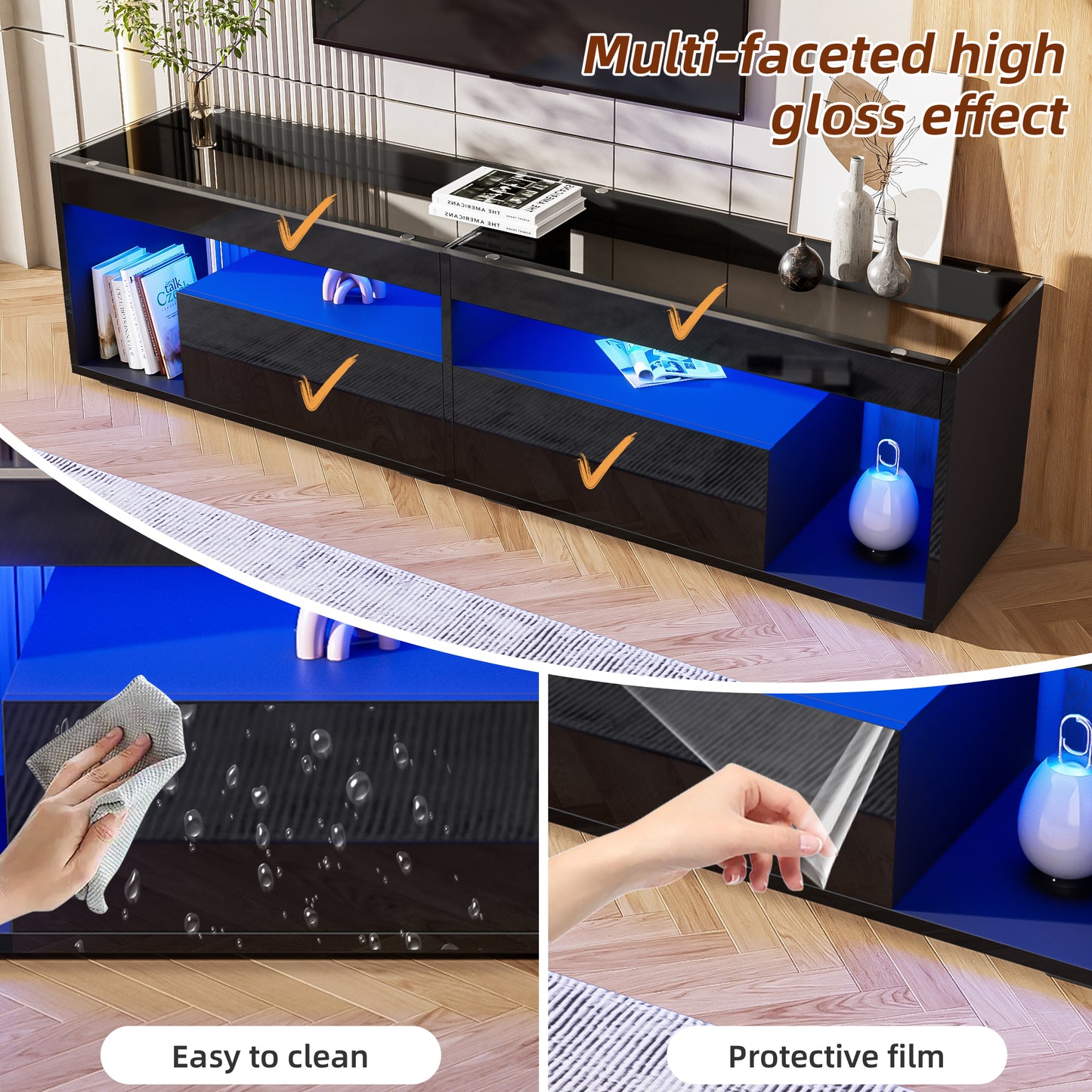 High Gloss TV Stand with 2 Drawers,glass tabletop,TV Cabinet Storage Sideboard with LED lights,open storage,Holds TVs up to 80"