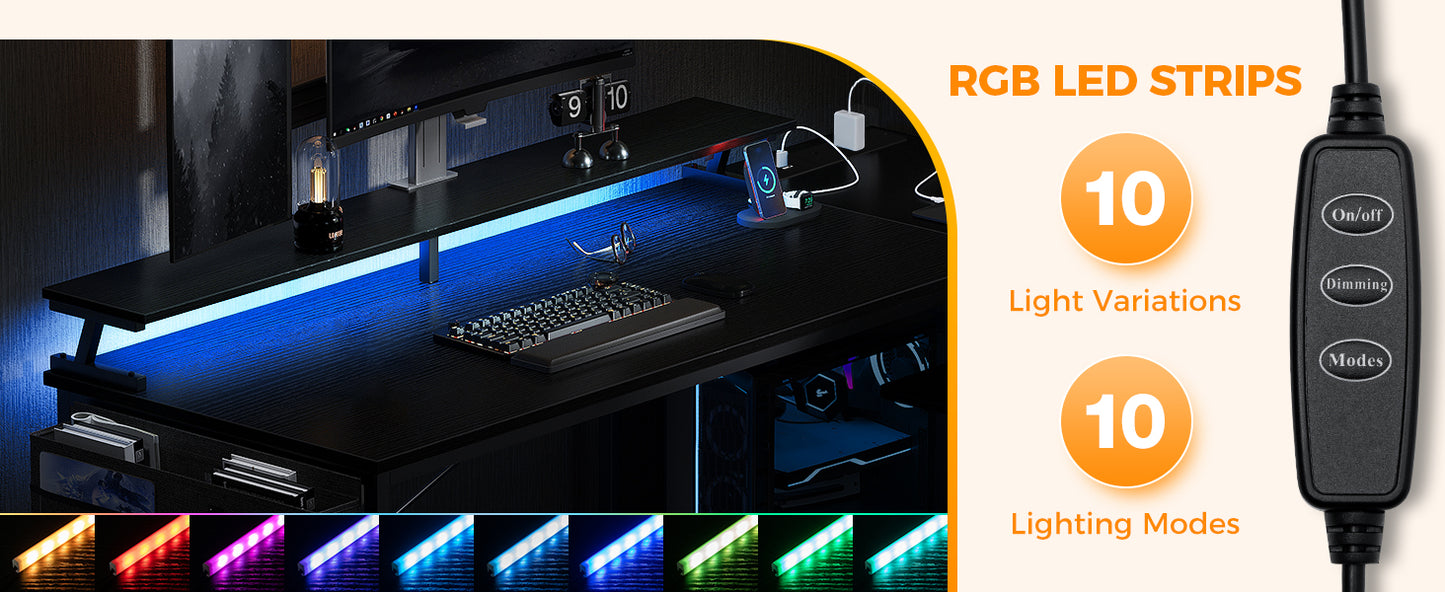 Coleshome L Shaped Gaming Desk with LED Lights, 120 × 80 cm Computer Desk with Power Outlet,  Black