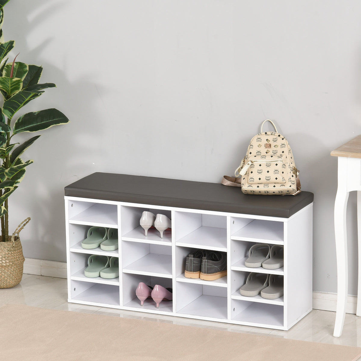 HOMCOM Multi-Storage Shoe Rack with 14 Compartments Cushion Moving Shelves, Solid Frame Foot Pads, White