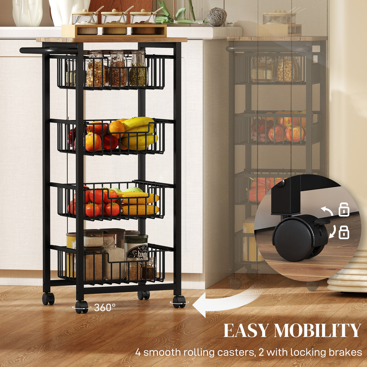 HOMCOM Four Basket Mobile Kitchen Island, with Brakes - Oak/Black
