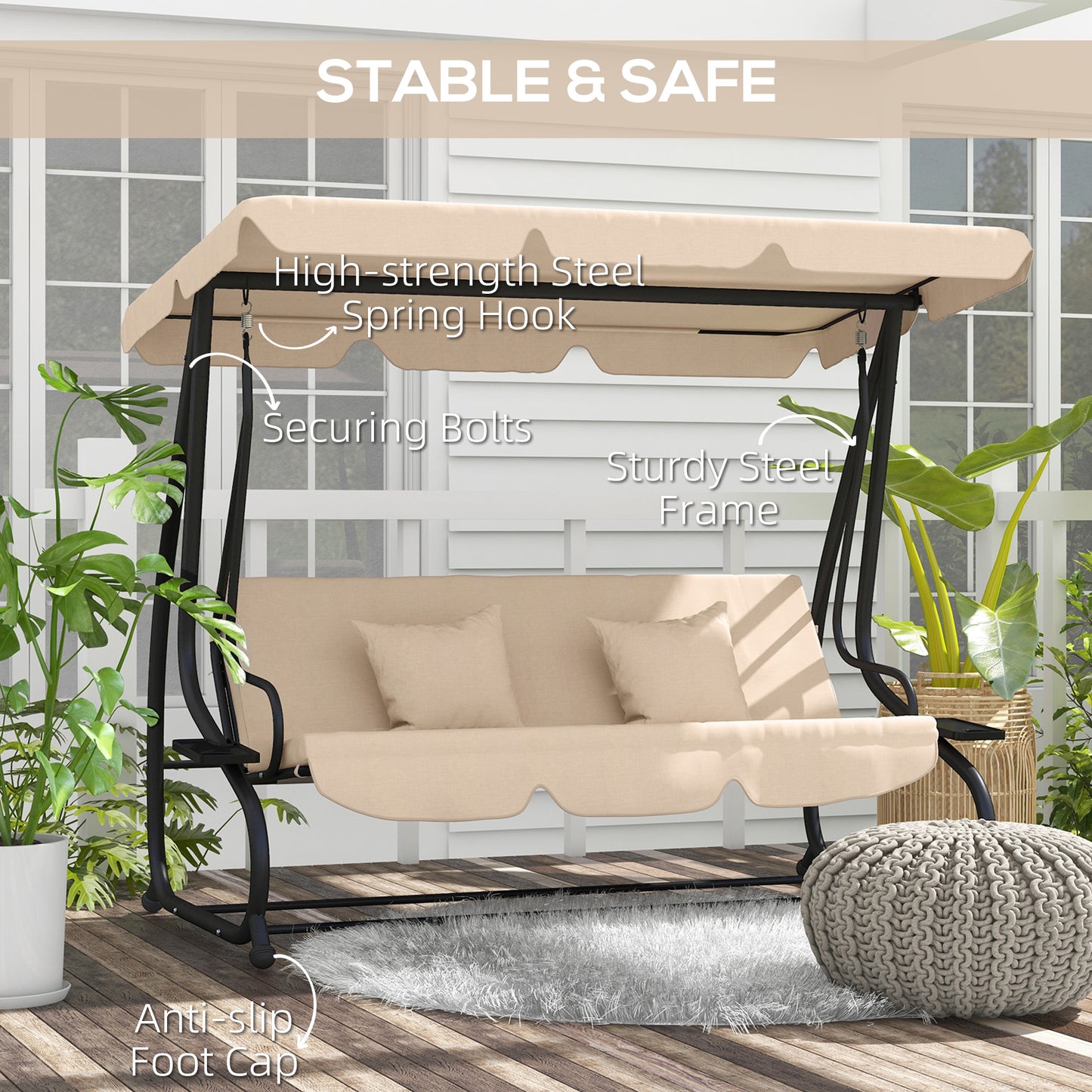 Outsunny 2-in-1 Garden Swing Seat Bed, 3 Seater Convertible Swing Chair Bench with Tilting Canopy, Cushioned Seat and 2 Pillows