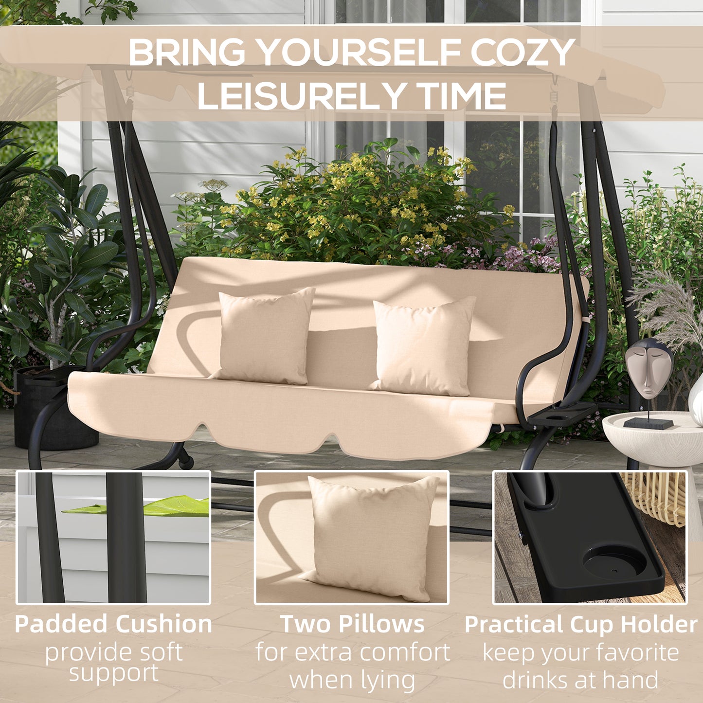 Outsunny 2-in-1 Garden Swing Seat Bed, 3 Seater Convertible Swing Chair Bench with Tilting Canopy, Cushioned Seat and 2 Pillows