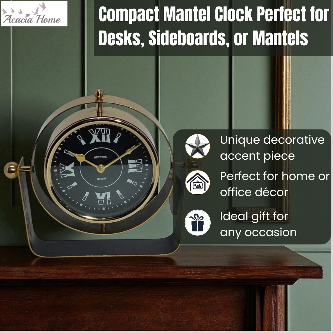 Silent Sweep Black Mantel Clock – Elegant Tabletop Timepiece with Quiet Operation, Sleek Design, and Easy-to-Read Face for Living Room, Bedroom, Office, or Home Décor (22 cm – Roman Numeral Dial)