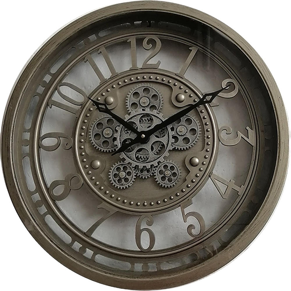 Stylish & Premium Elegant Wall Clock with Moving Gears - Round Metal Frame, Art Deco Style, Quartz Battery Movement for Dining Room, Living Rooms, Office, or Home Office Décor. (Grey Globe 46cm)