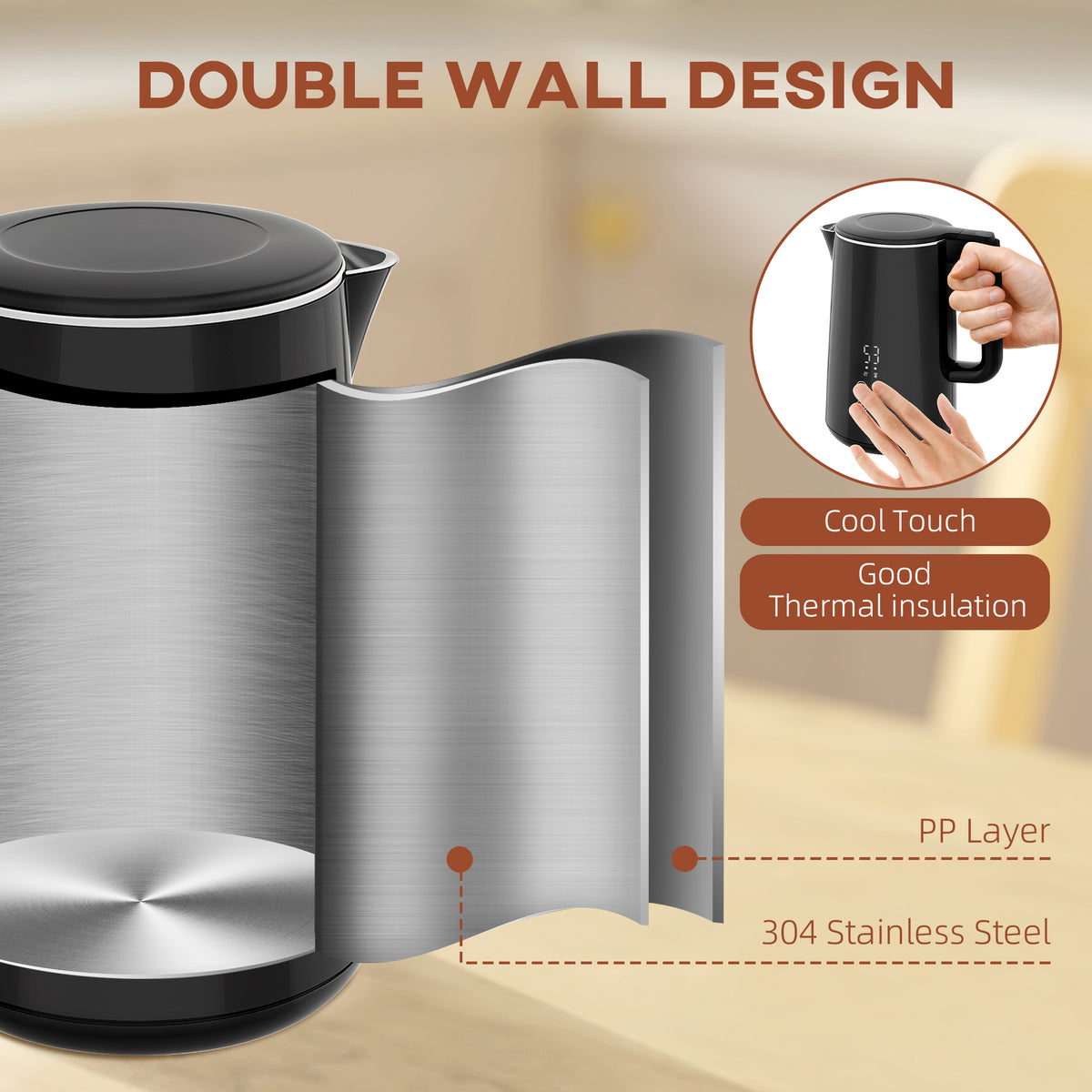 HOMCOM Polished Stainless Steel Kettle and Toaster Set - Black