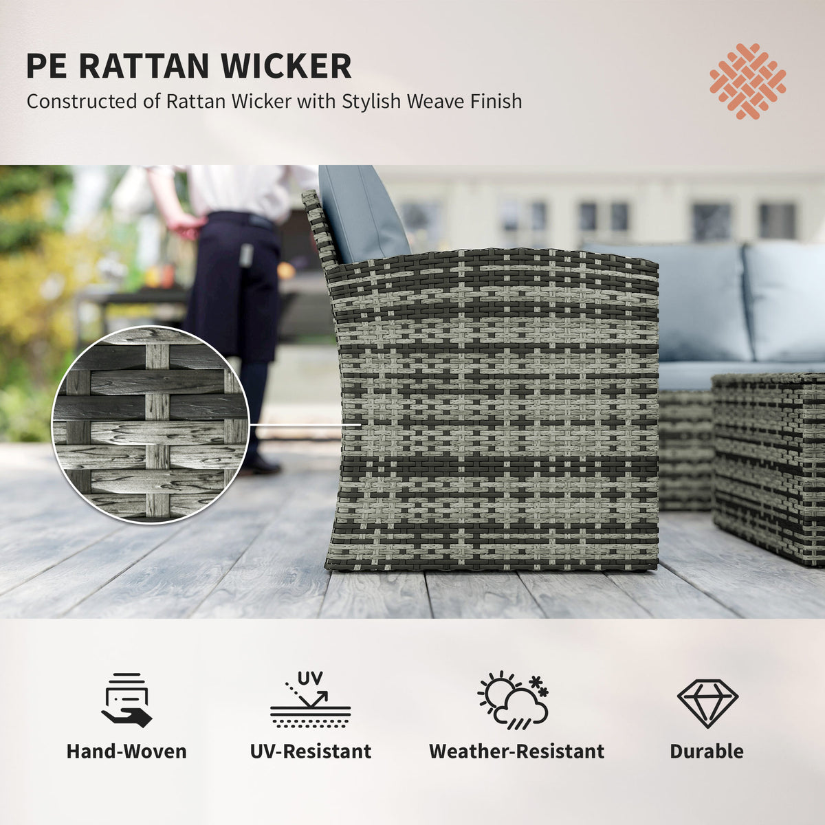 Outsunny 6 Pieces Rattan Garden Furniture Set, 7 Seater Wicker Outdoor Furniture Set with Storage Tea Table & Side Table, Sectional Garden Sofa Set with Cushions, Grey