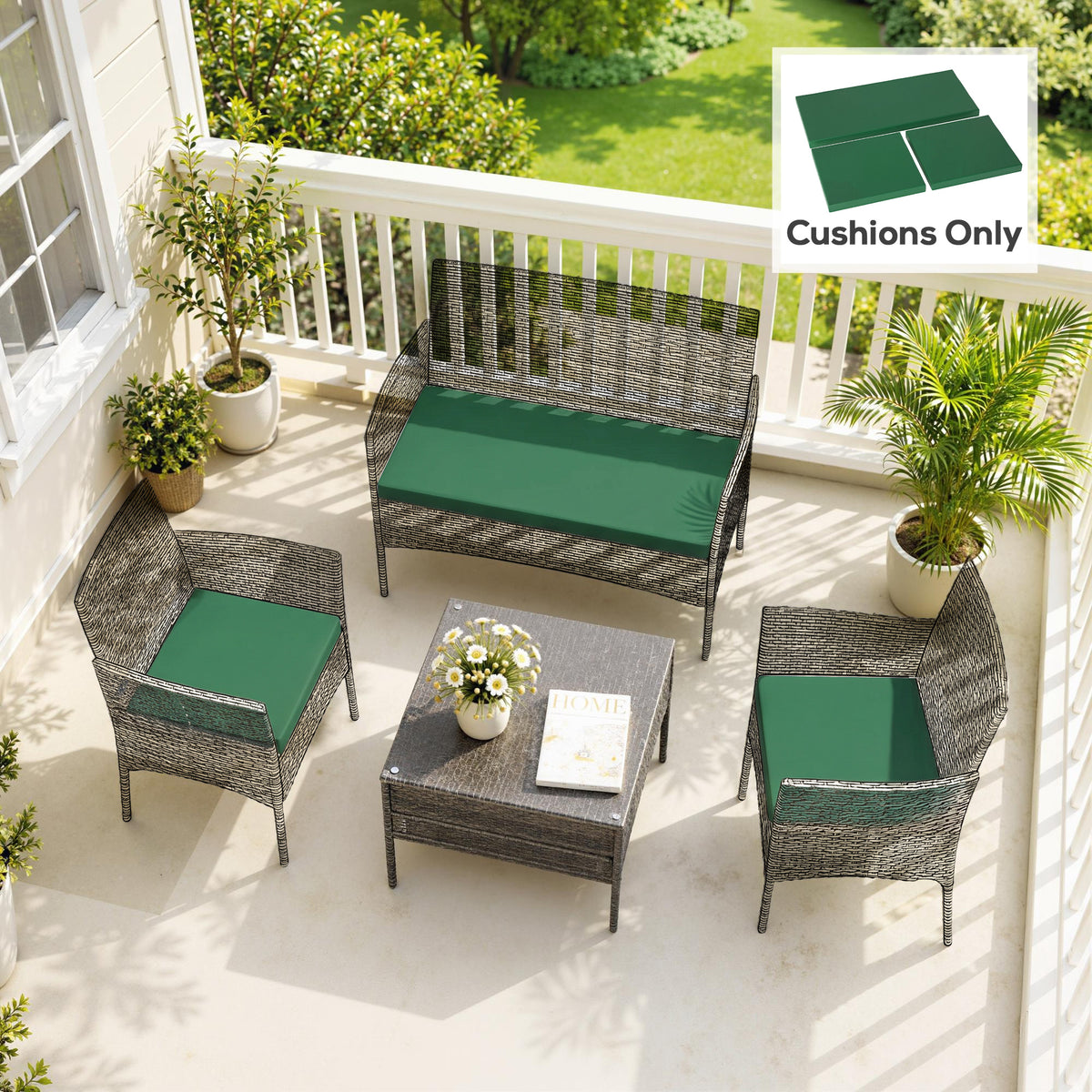 Outsunny Outdoor Seat Cushion Pads for Rattan Furniture, 3 PCs Garden Furniture Cushions, Green