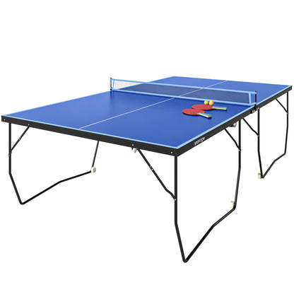 SPORTNOW 9FT Folding Tennis Table, with 8 Wheels, for Indoor Use, Blue