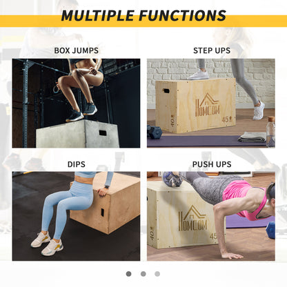 HOMCOM 3-in-1 Wooden Plyo Box, Plyometric Jump Box with Handle Openings for Home Gym, Workout Training, 16" x 20" x 24", Natural
