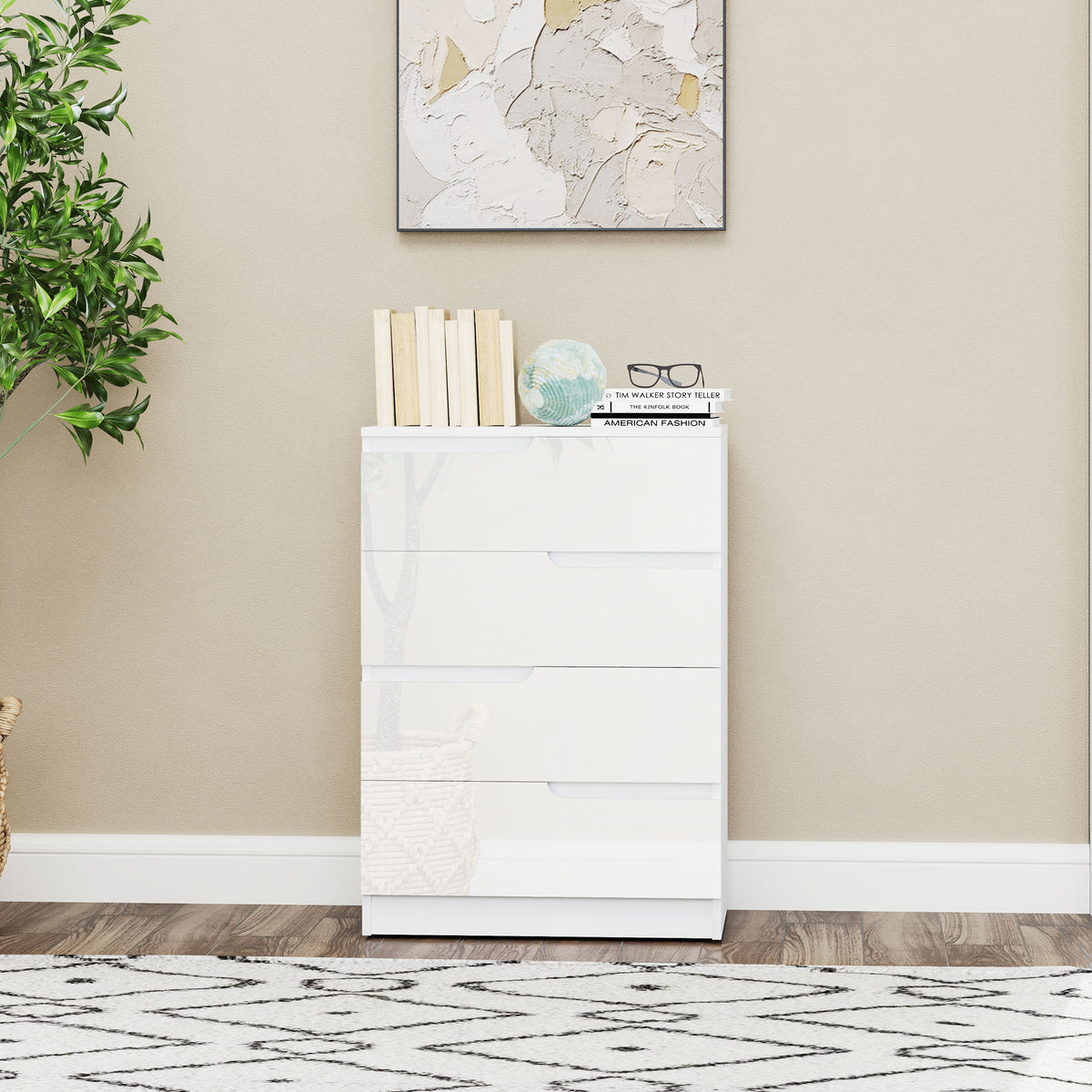 HOMCOM Chest of Four High Gloss Front Drawers - White