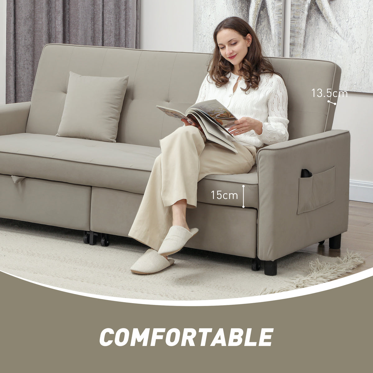 HOMCOM 3 Seater Velvet Sofa Bed, Convertible Pull-Out  Sofa Bed with Adjustable Backrest, Space Saving Living Room Sofa, Beige
