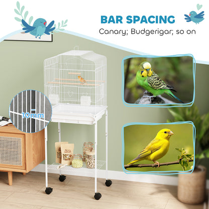 PawHut Bird Cage Budgie Cages for Finch Canary Parakeet with Stand Wheels Slide-out Tray Accessories Storage Shelf, White
