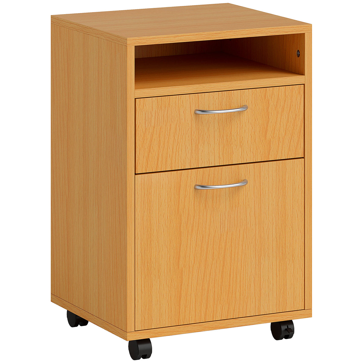 HOMCOM Filing Cabinet, Mobile File Cabinet with 2 Lockable Drawers, Office Home Organiser on Wheels for A4, Letter-Size File Folders, Mobile Printer with Open Shelf, Natural Wood Finish