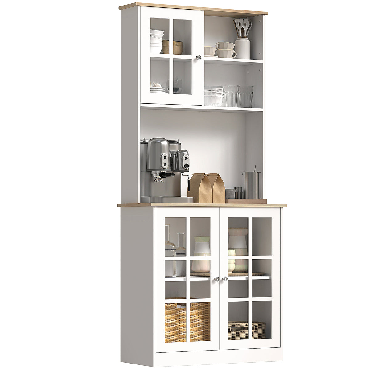 HOMCOM Kitchen Pantry, Buffet Hutch with 3 Storage Cabinets, 2 Open Shelves and Large Countertop for Kitchen, Living Room and Entryway, White