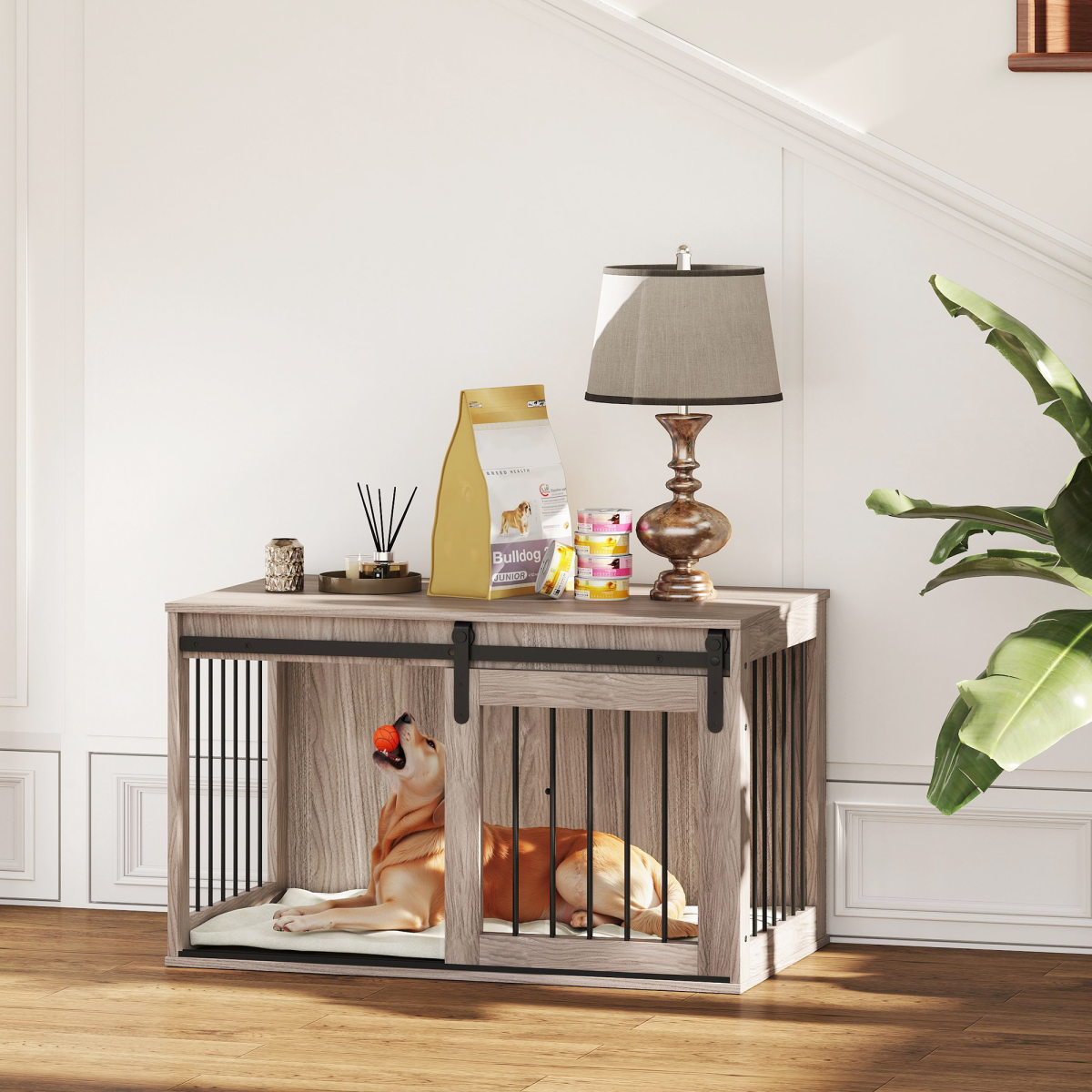 PawHut Dog Crate Furniture with Removable Cushion for Large Dogs - Brown