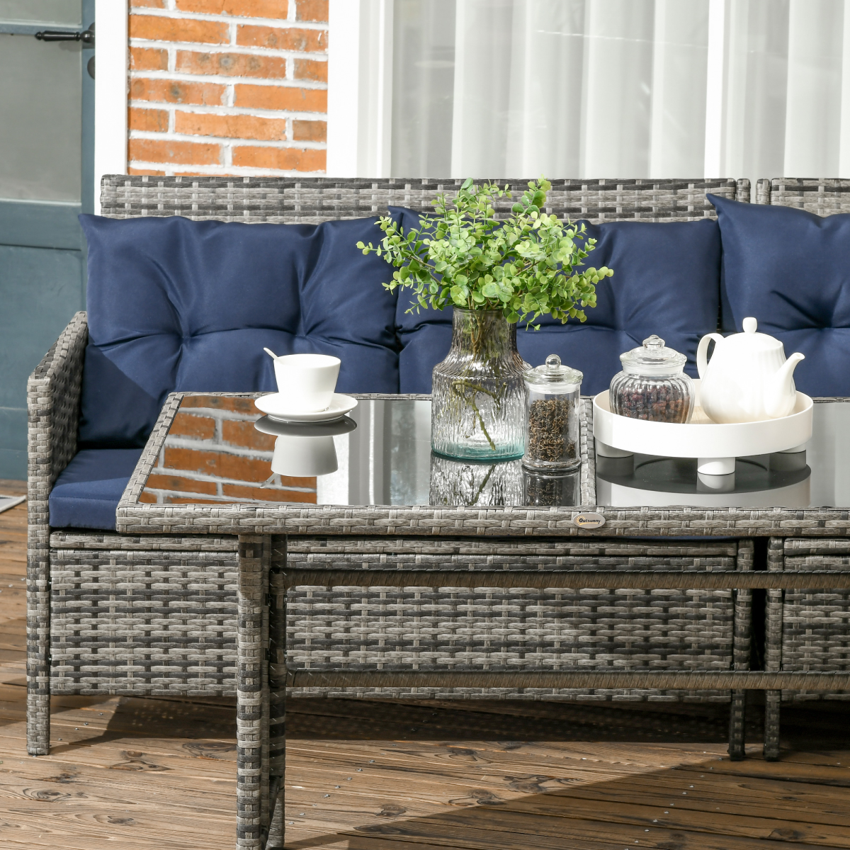 Outsunny 6 PCs Patio wicker Sofa Set Rattan Chair Furniture w/ Glass & Cushioned