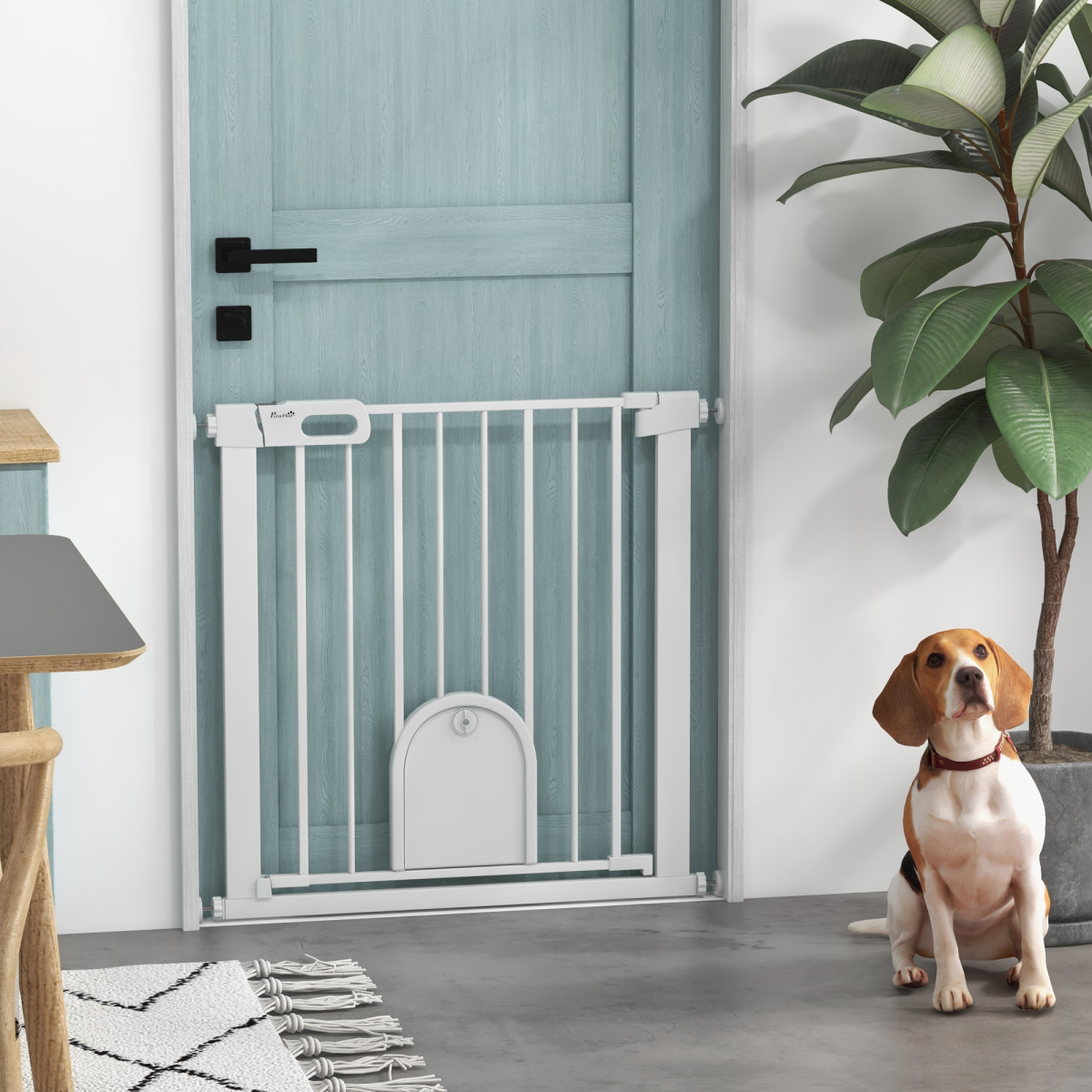 PawHut 75-82 cm Pet Safety Gate Pressure Fit Stair w/ Small Door Double Locking