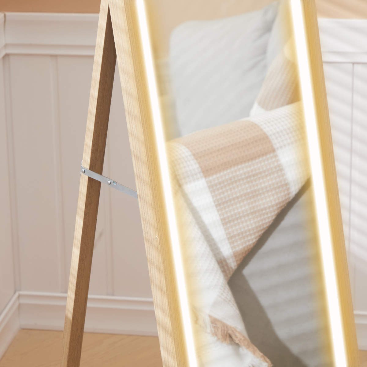 HOMCOM Dimming Full Length Mirror w/ Lights Standing Leaning Wall Mount Oak