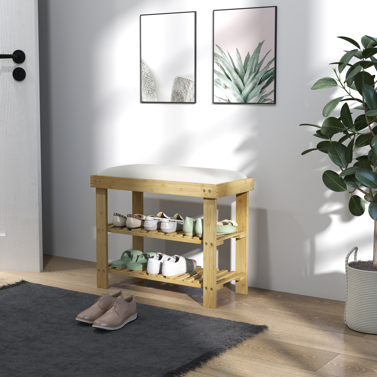 HOMCOM 3-Tier Shoe Storage Bench, Bamboo Shoe Rack for Entryway, Cream