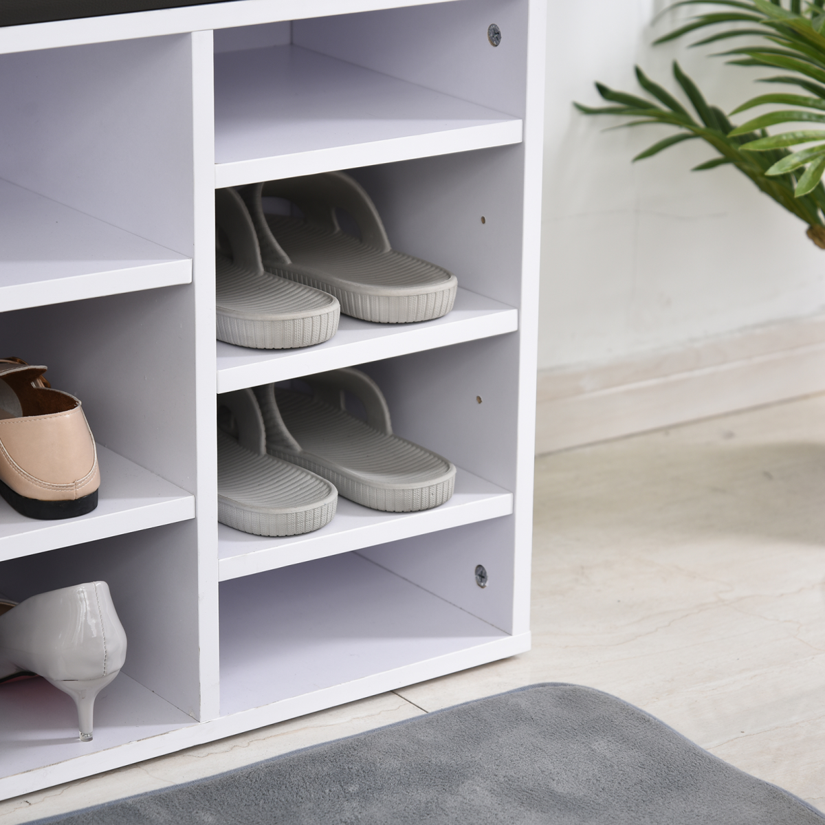 PU Leather 14-Compartment Shoe Storage Bench Brown/White