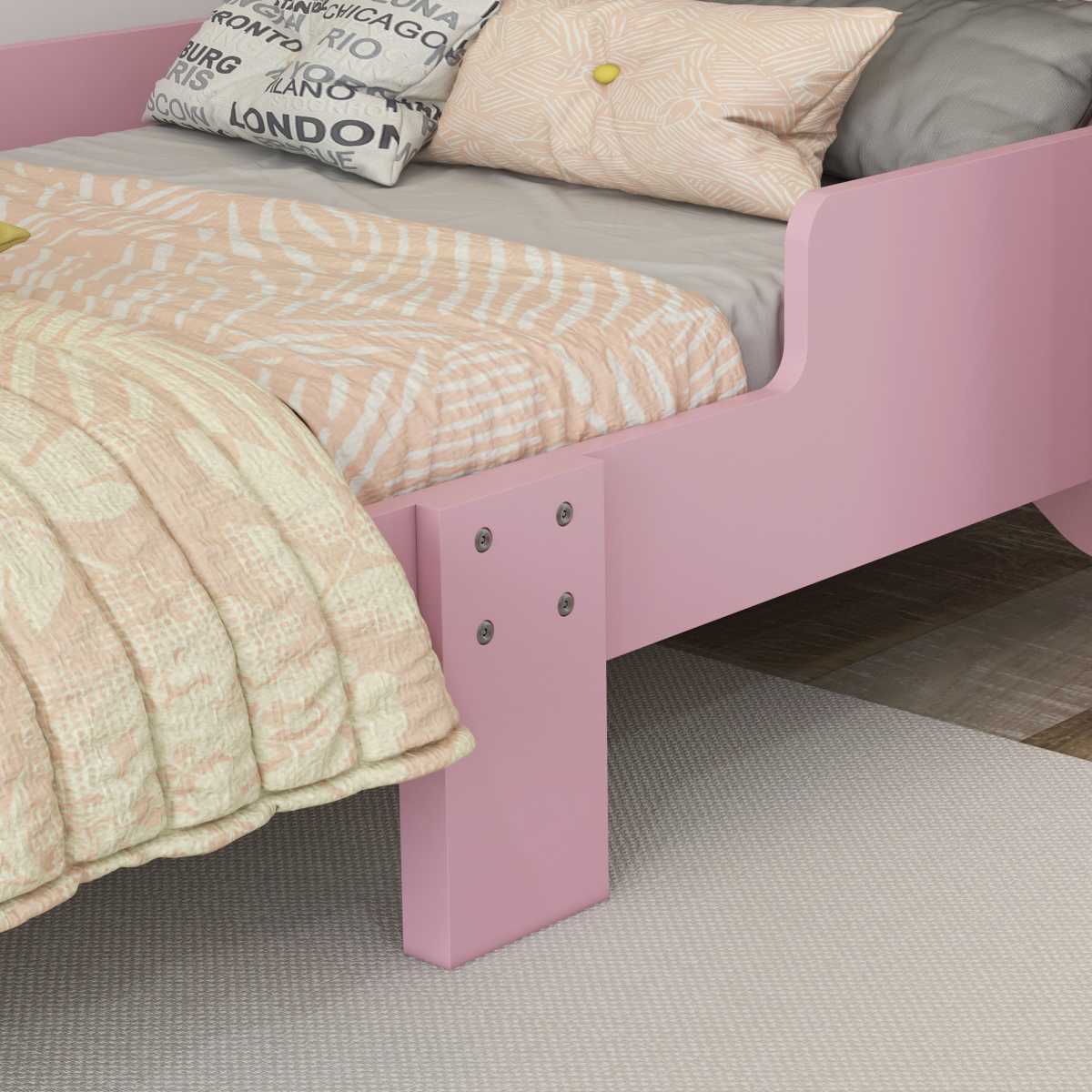 ZONEKIZ Toddler Bed Frame Cat Design Kids Bed with Guardrails - Pink