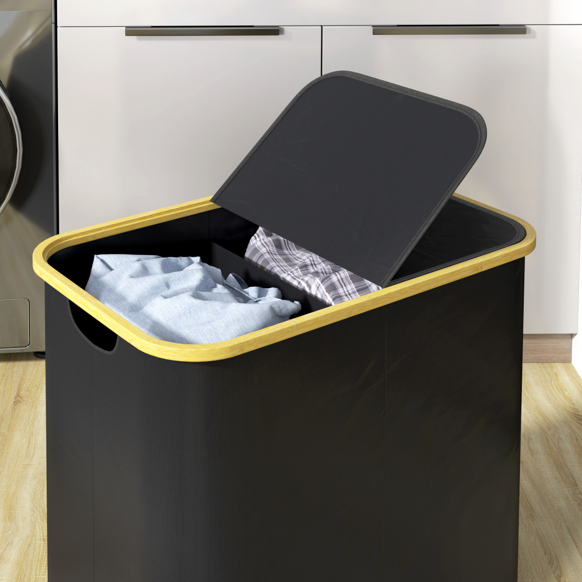 HOMCOM 80L Collapsible Laundry Hamper, Washing Basket for Bathroom, Black