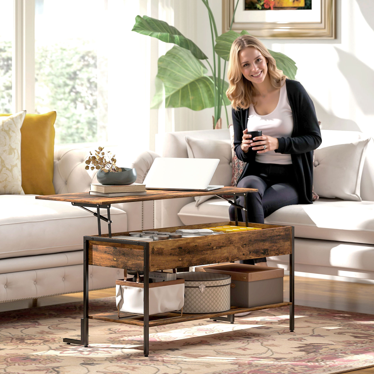 HOMCOM Industrial Lift Top Coffee Table with Storage Shelf Rustic Brown