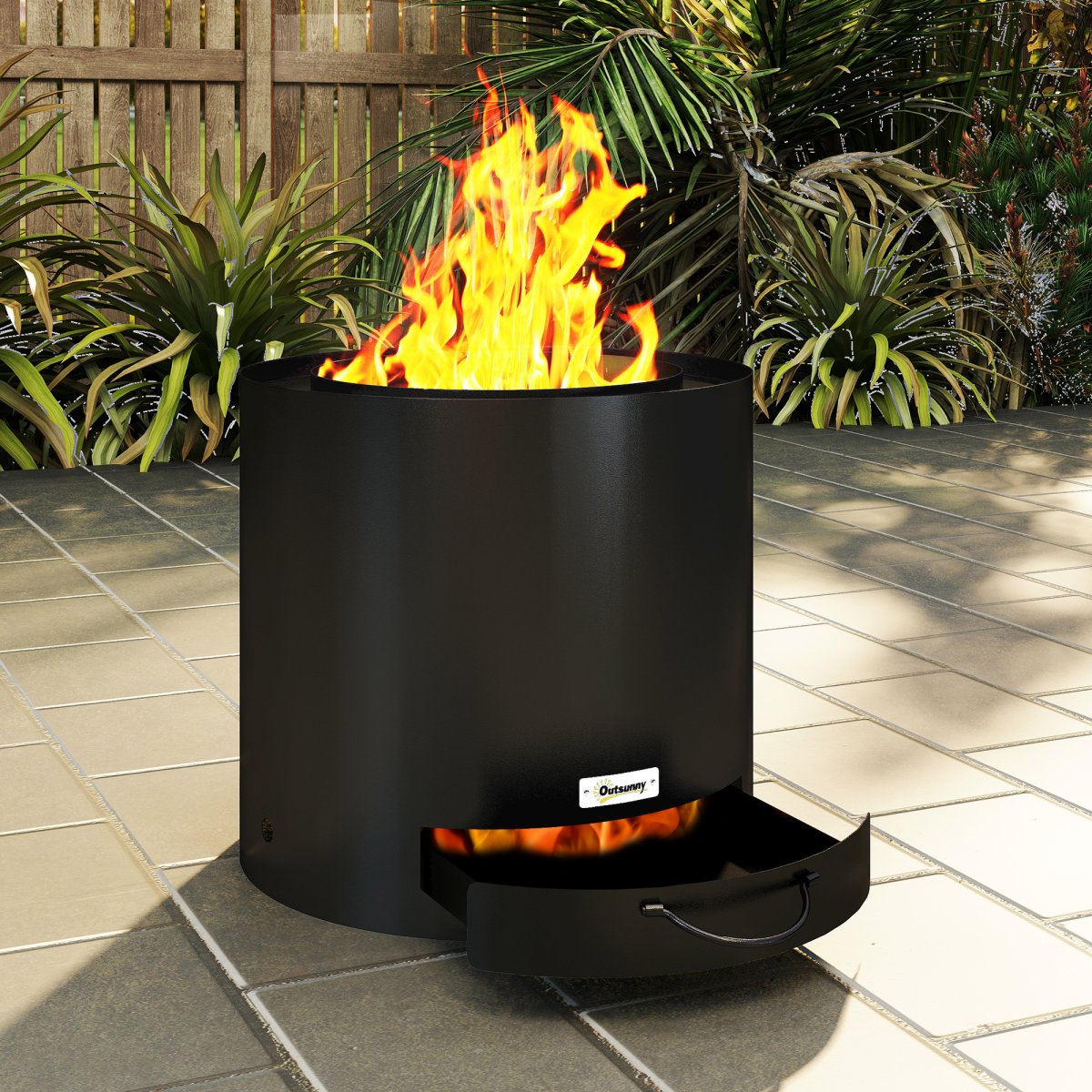 Outsunny Outdoor Round Fire Pit with Ash Tray and Fire Poker, Black
