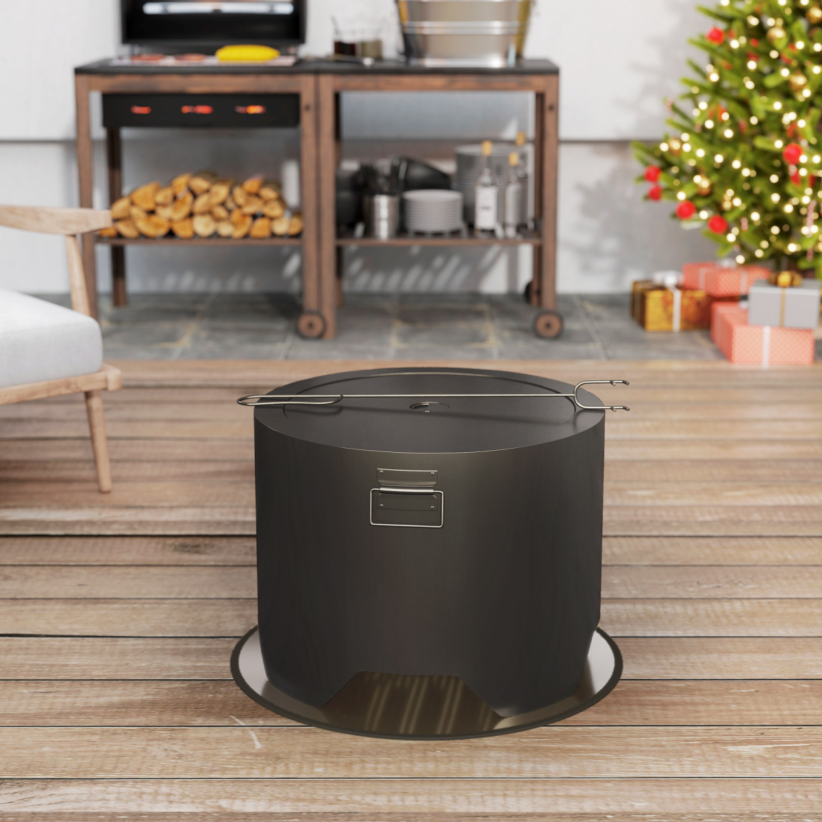 Outsunny Outdoor Round Fire Pit with Lid, Firepit with Fire Poker, Black
