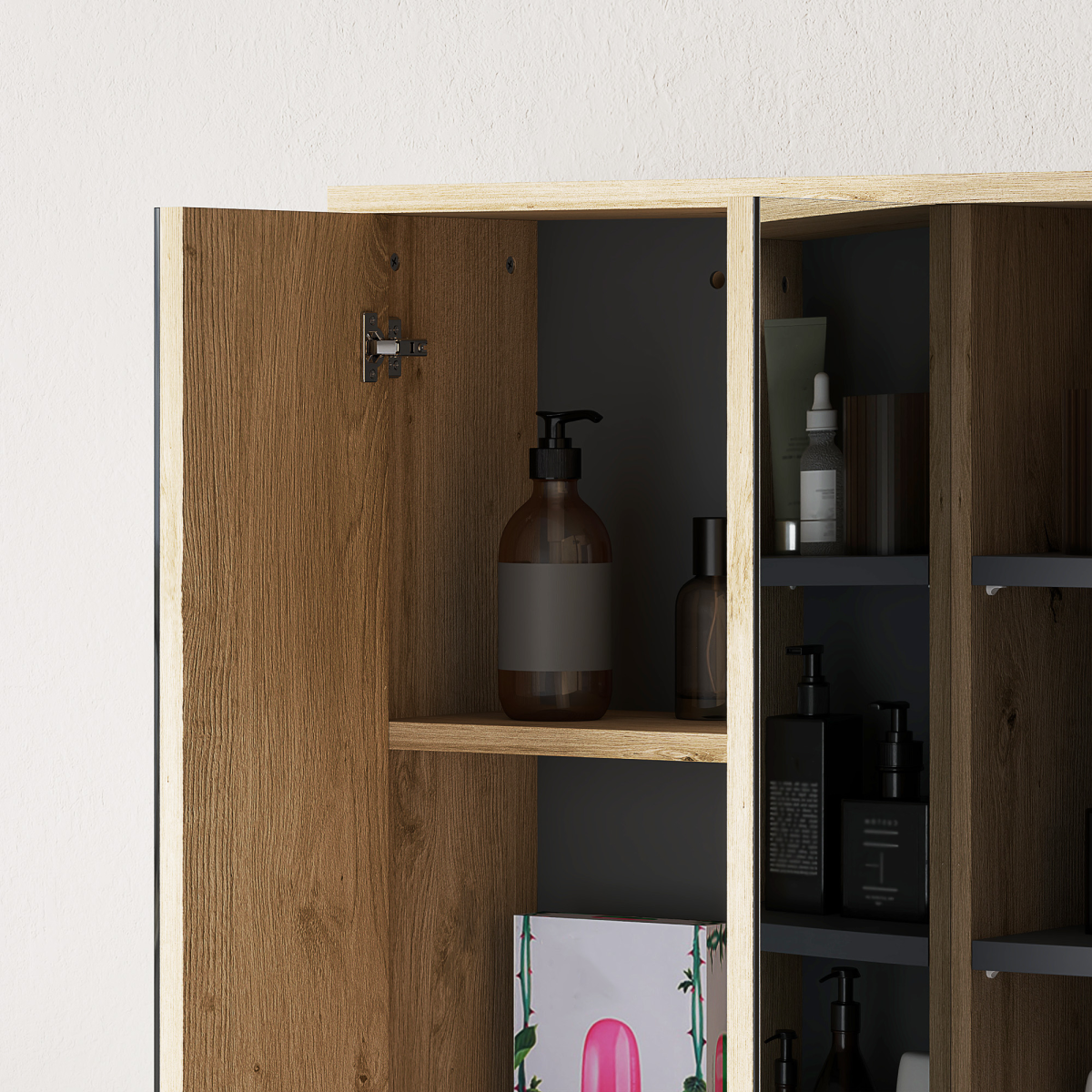 HOMCOM Bathroom Cabinet Wall Mounted Mirror Storage with Shelves Natural