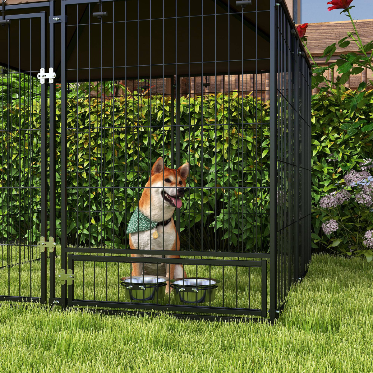 Outdoor Dog House Kennel with Canopy Top & Secure Lock Rotating Bowl Holder