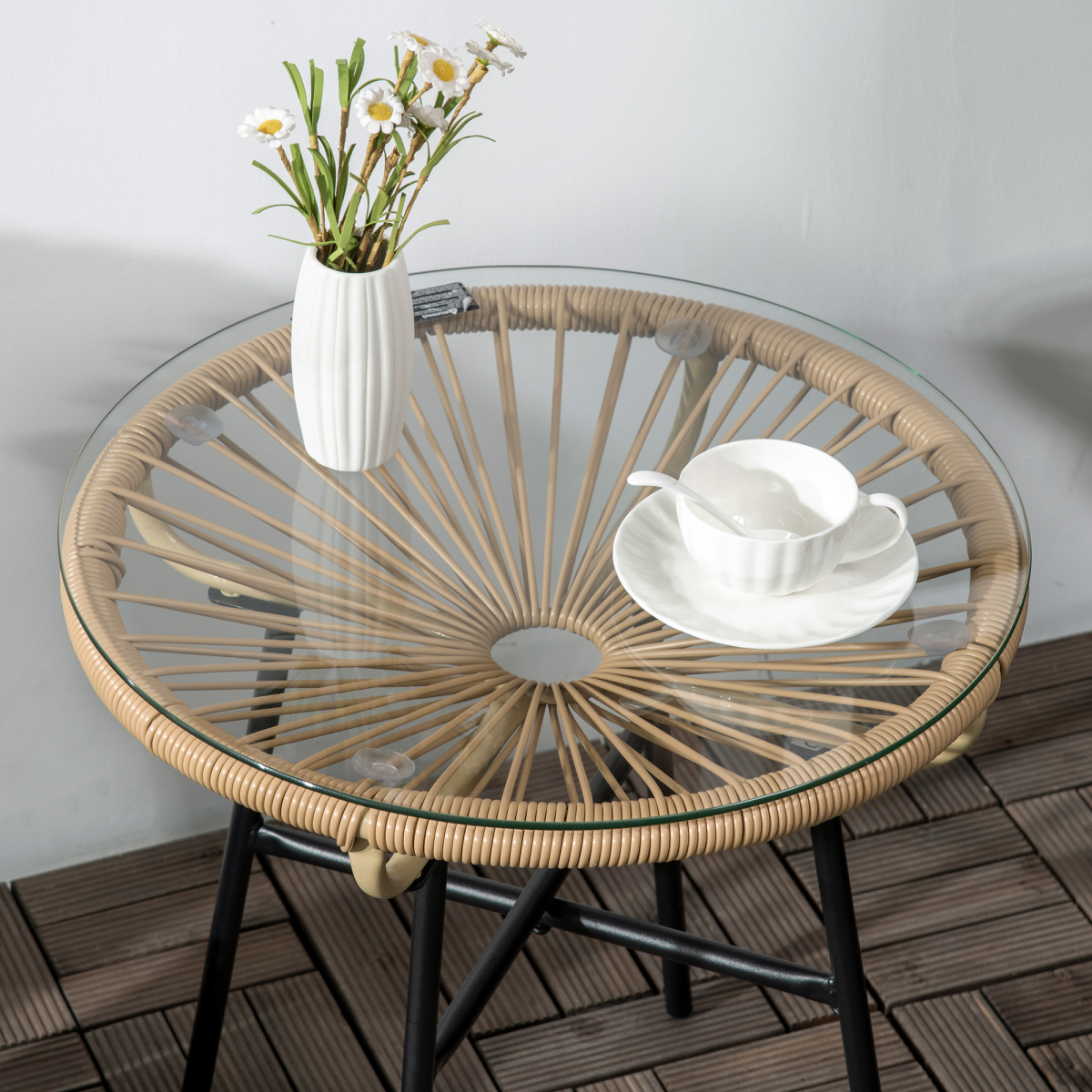 Rattan Side Table with Round PE Rattan and Tempered Glass Table Top