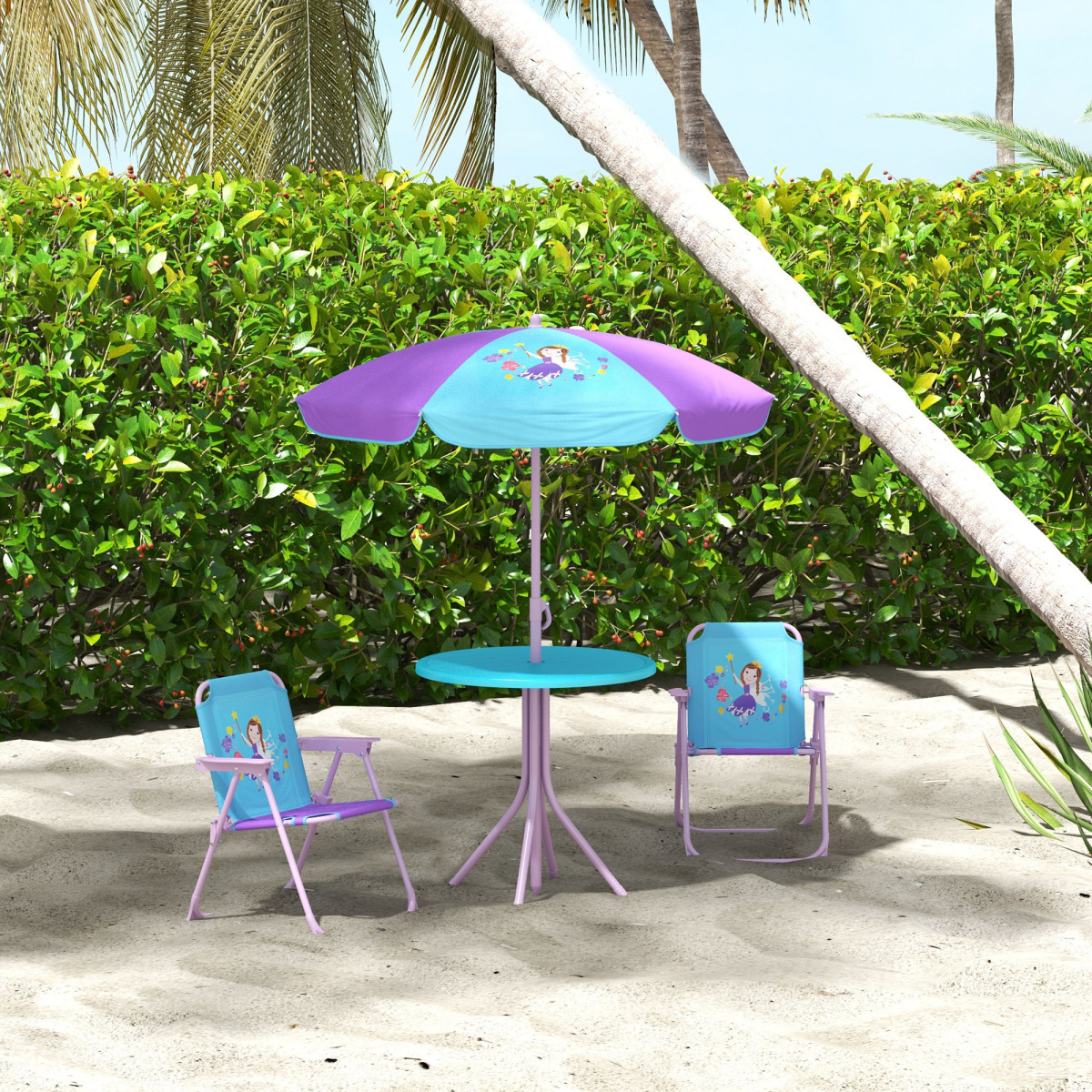Outsunny Kids Bistro Table and Chair Set with Fairy Theme, Adjustable Parasol