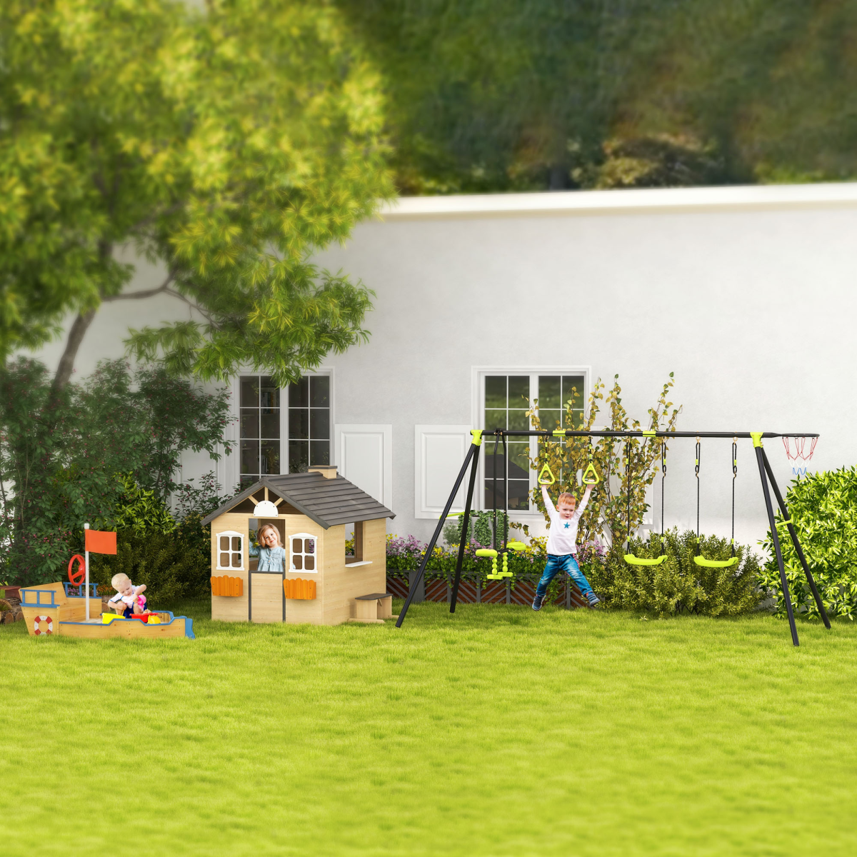 Wooden Kids Playhouse w/ Door, Windows, Bench, For Ages 3-7 Years