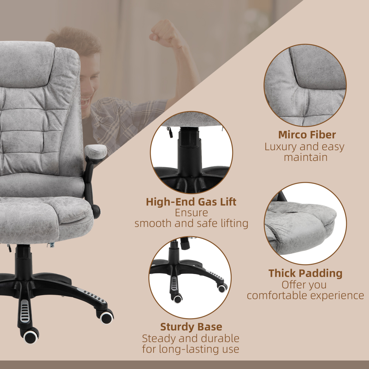 Executive Reclining Chair w/ Heating Massage Points Relaxing Headrest Grey