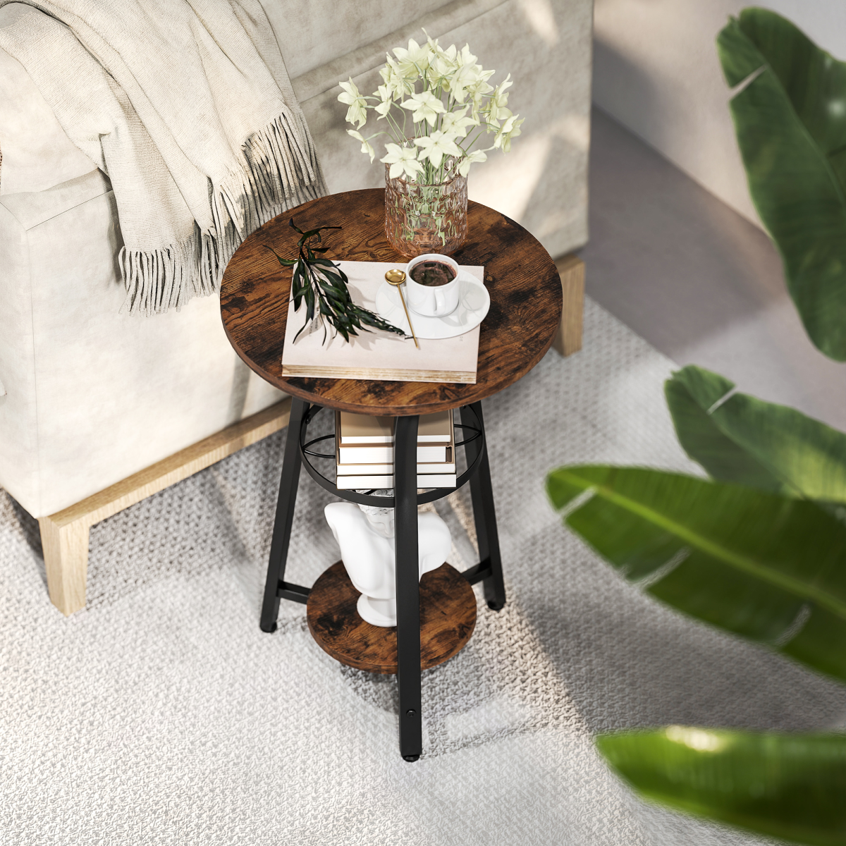HOMCOM 3-Tier Small End Table Industrial 38 cm Round Side Table Rustic Brown