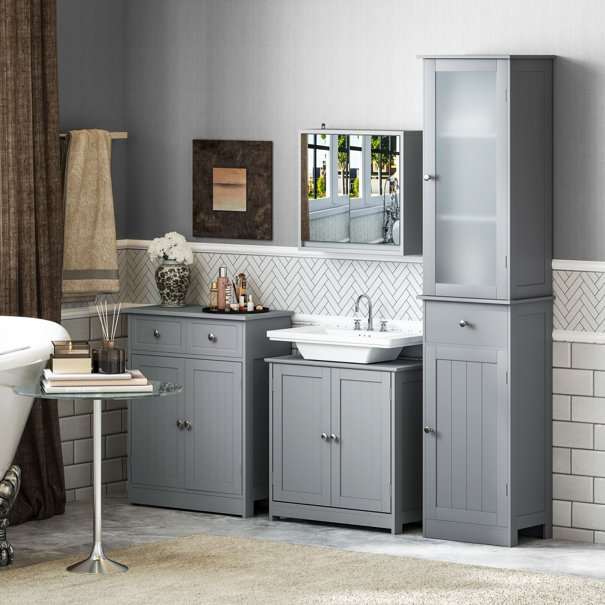 kleankin 60x60cm Under-Sink Storage Cabinet  Adjustable Shelf Drain Hole Grey