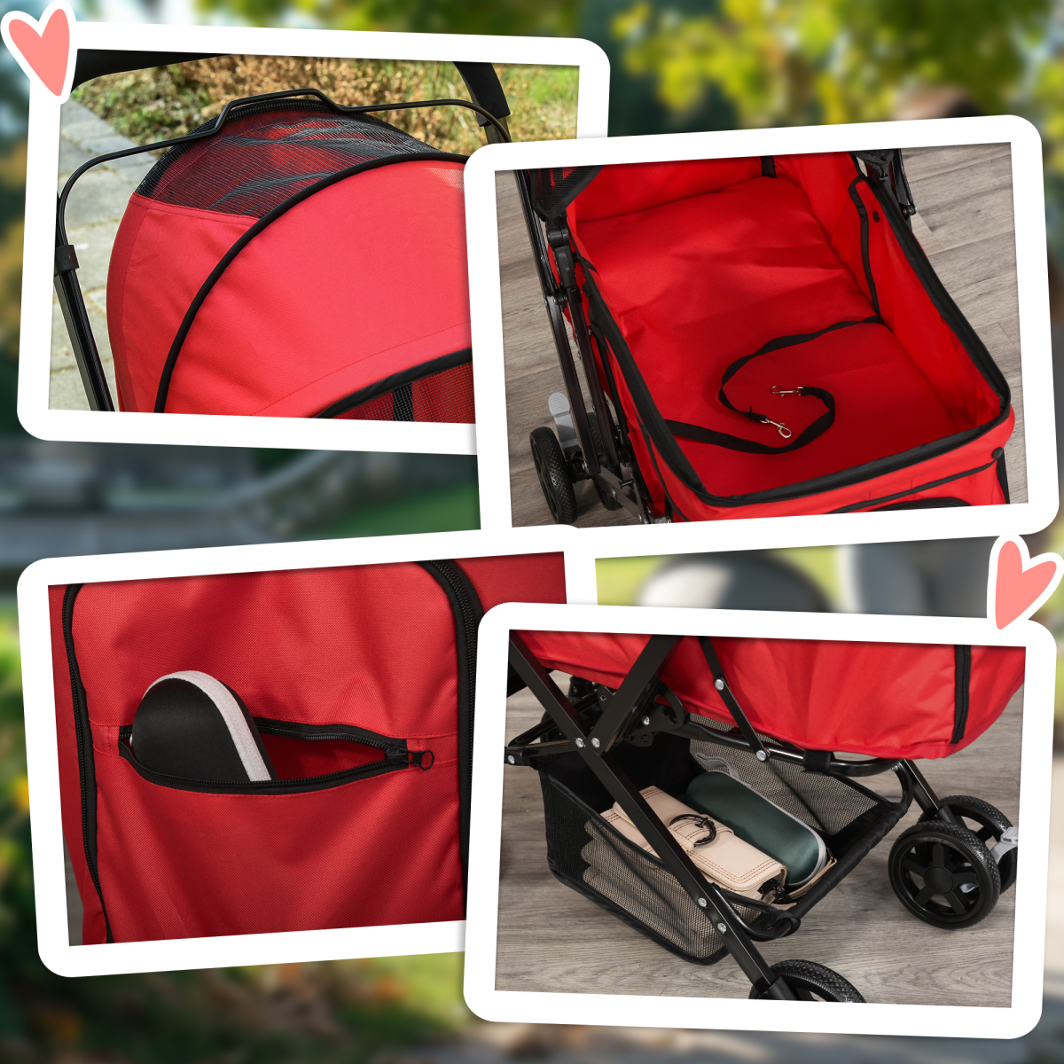 Pet Stroller Foldable Travel Dog Cat Carriage w/ Reversible Handle Brake Basket