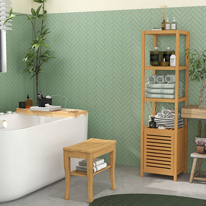 2-Tier Slatted Shower Bench Storage Seat Stool w/ Shelf Safe Comfortable Bath