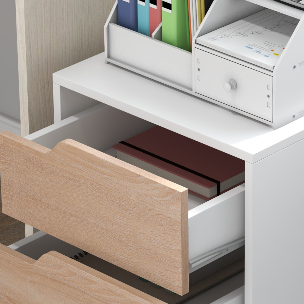 MDF Mobile File Cabinet w/ 3 Drawers Locking Wheels Metal Rails Oak Tone White