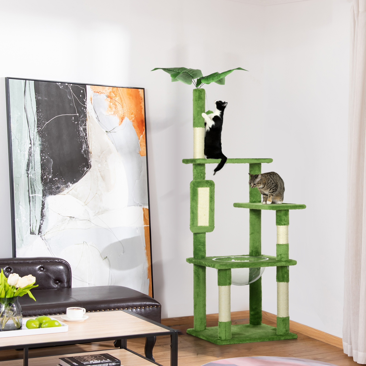PawHut 142cm Cat Tree Tower with Scratching Post Hammock Ball Platforms Green