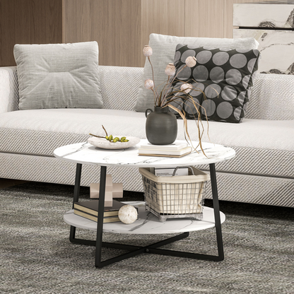 HOMCOM Round Coffee Table with Storage Shelf and Marble Effect Top, White