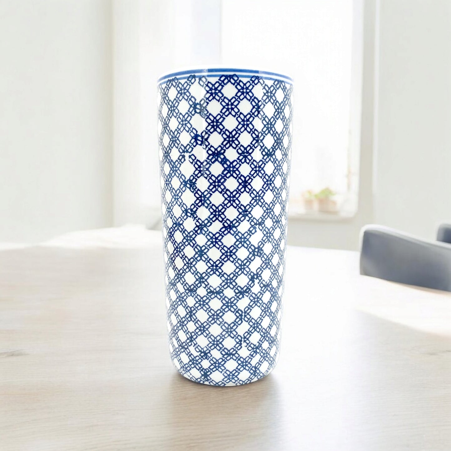 AcaciaHome Durable Ceramic Round Umbrella stand–Perfect Holder for Home, Office, & Entryway - Adds a Sophisticated Touch to Living Spaces for Canes, & Walking Sticks (Blue & White Square print)