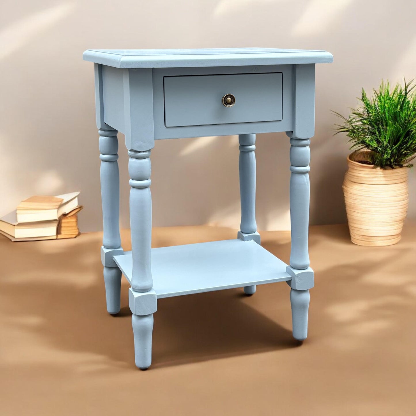 Modern and Stylish Bedside Wooden Side Table with 1 Drawer and Shelf - Sleek Art Deco Solid Pine Wood Side Tables with Storage for Home, Office, Living Room, and Hallways Decor (Solid, Sky Blue)