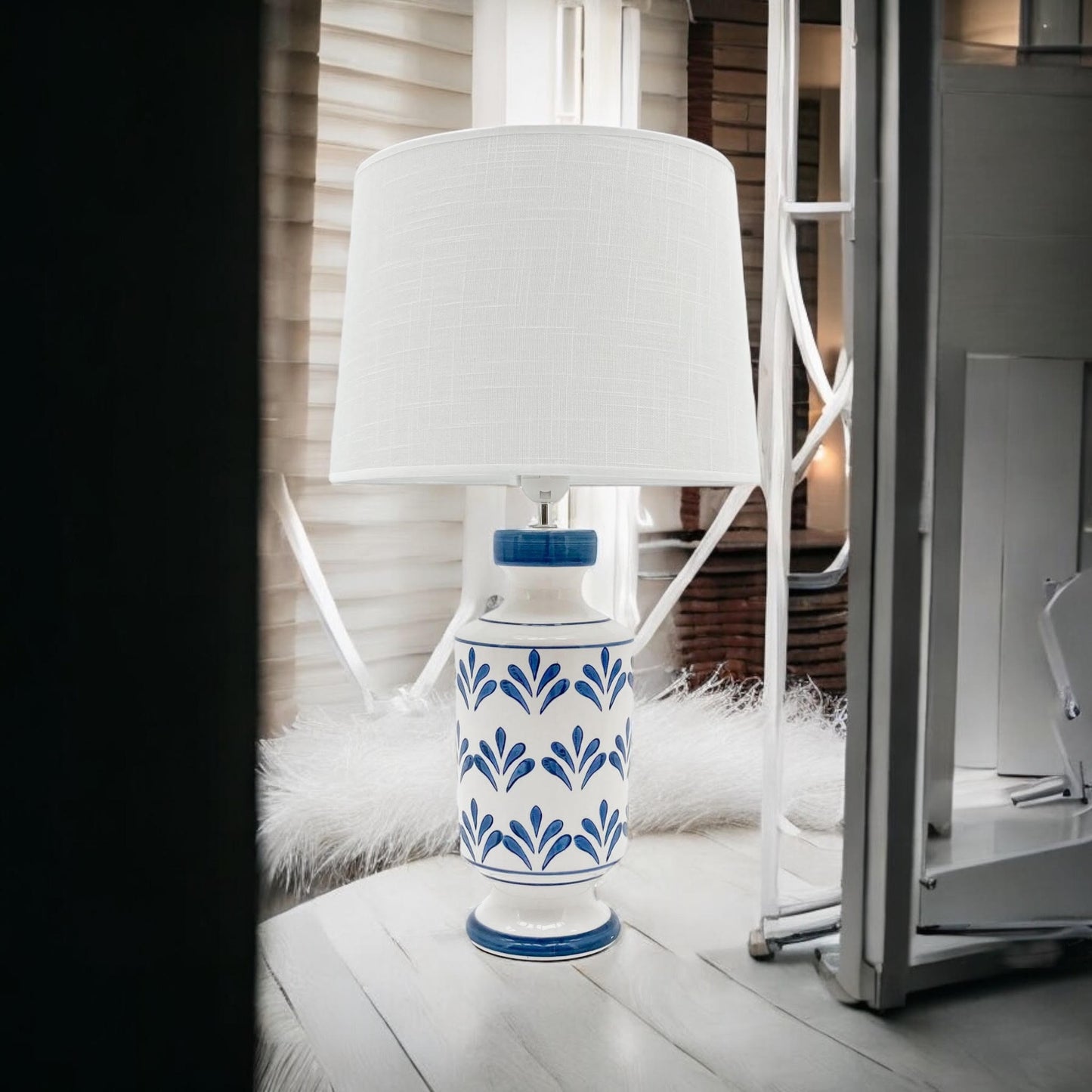 Elegant and Traditional Floral Ceramic Table Lamp – Oriental-Inspired Design with Drum Shade, Energy-Efficient 240V Lighting for Bedrooms, Living Rooms, Studies, or Dining Areas Décor (58cm)