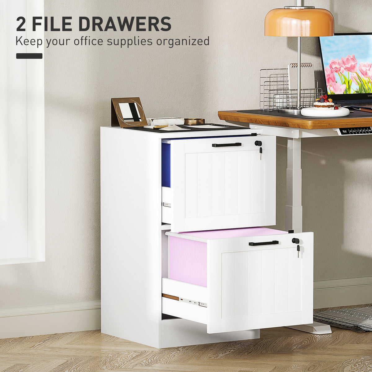 HOMCOM 2 Drawer Filing Cabinet with Lock, Office Storage Cabinet with Adjustable Hanging Bars for A4 Letter Size Files, White